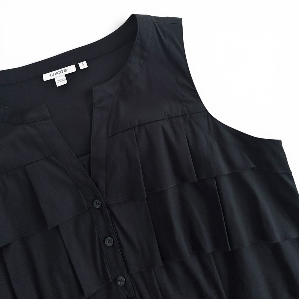 Chico's Women 12 Black Large Cotton Sleeveless Ruffled Tiered Shift Dress Size 2 - Picture 6 of 14
